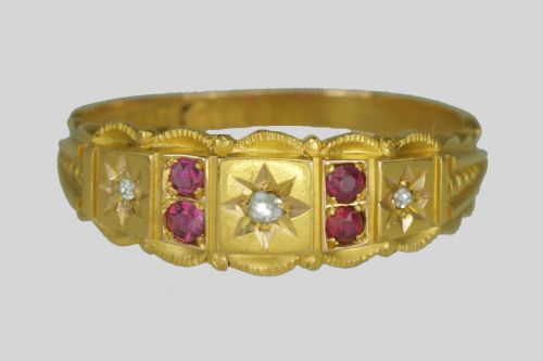 victorian 15ct gold ruby old cut diamond antique etruscan revival english ring - CATEGORY: ANTIQUE JEWELLERY - DATED VICTORIAN