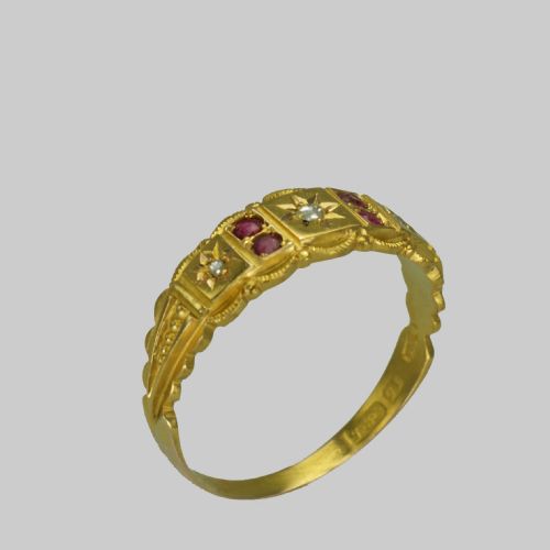 VICTORIAN 15CT GOLD RUBY OLD CUT DIAMOND ANTIQUE ETRUSCAN REVIVAL ENGLISH RING - ADDITIONAL PHOTO 1