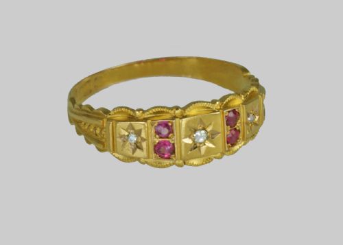 VICTORIAN 15CT GOLD RUBY OLD CUT DIAMOND ANTIQUE ETRUSCAN REVIVAL ENGLISH RING - ADDITIONAL PHOTO 2