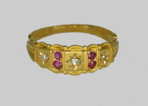 VICTORIAN 15CT GOLD RUBY OLD CUT DIAMOND ANTIQUE ETRUSCAN REVIVAL ENGLISH RING - ADDITIONAL PHOTO 3