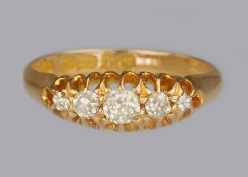 antique old european cut diamond 18ct gold 5 stone edwardian ring chester 1905 - CATEGORY: ANTIQUE JEWELLERY - DATED EDWARDIAN