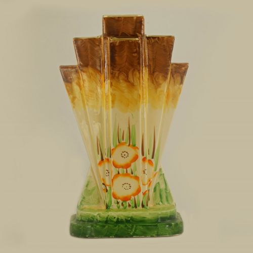 Myott Son & Co Art Deco Pyramid Vase Rare Hand Painted Poppy Design Fan Vase