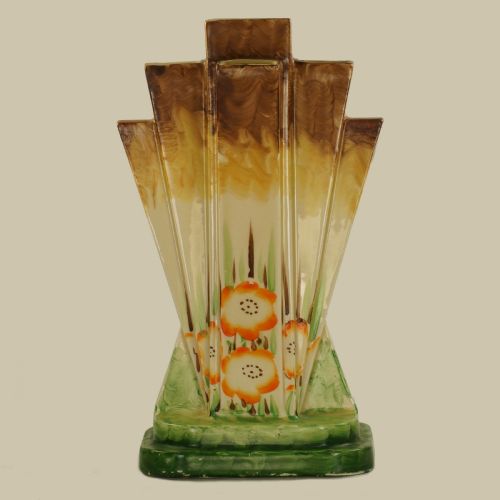 fig 1. Myott Son & Co Art Deco Pyramid Vase Rare Hand Painted Poppy Design Fan Vase