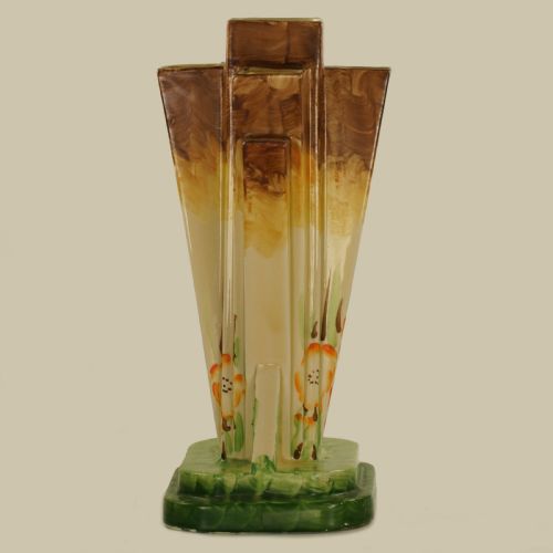 fig 2. Myott Son & Co Art Deco Pyramid Vase Rare Hand Painted Poppy Design Fan Vase