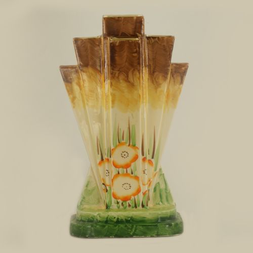 Myott Son & Co Art Deco Pyramid Vase Rare Hand Painted Poppy Design Fan Vase View IX