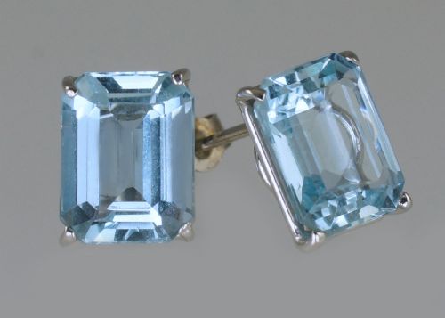 art deco aquamarine 18ct white gold stud earrings vintage 10 x 8mm step cut 6ct 1920s earrings - CATEGORY: ANTIQUE JEWELLERY - DATED 1920