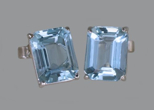 ART DECO AQUAMARINE 18CT WHITE GOLD STUD EARRINGS VINTAGE 10 X 8MM STEP CUT 6CT 1920S EARRINGS - ADDITIONAL PHOTO 1