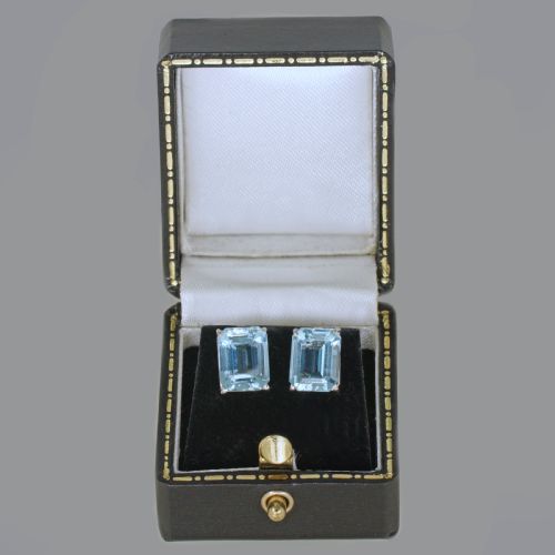 ART DECO AQUAMARINE 18CT WHITE GOLD STUD EARRINGS VINTAGE 10 X 8MM STEP CUT 6CT 1920S EARRINGS - ADDITIONAL PHOTO 3
