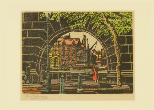 CHARLES ISAAC GINNER ON THE EMBANKMENT 1924 SIGNED ARTIST PROOF COLOURED WOODCUT - ADDITIONAL PHOTO 1
