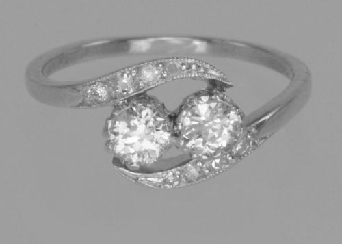 platinum old cut diamond 2 stone twist engagement ring antique edwardian circa 1910 - CATEGORY: ANTIQUE JEWELLERY - DATED EDWARDIAN