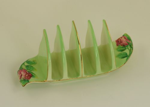 royal winton grimwades green rosebud toast rack 4 slice rare vintage toast rack - CATEGORY: ANTIQUE CERAMICS - DATED 1930