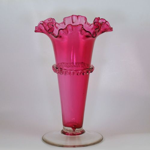 antique cranberry frilled rim vase victorian hand blown 8 34 crimpled epergne - CATEGORY: ANTIQUE GLASS - DATED VICTORIAN