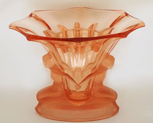 Walther & Sohne Art Deco Nudes Windsor Two Ladies Pink Glass Vase with Frog 8" High