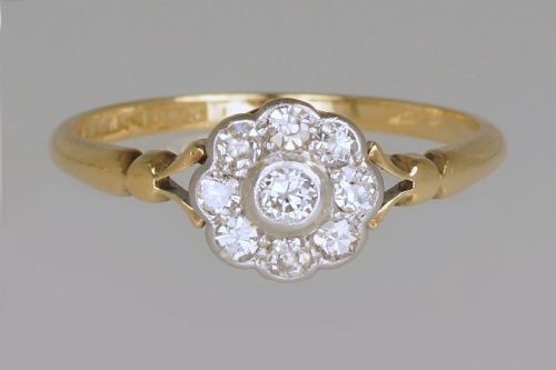 antique18ct gold diamond cluster ring english edwardian daisy ring circa 1910 - CATEGORY: ANTIQUE JEWELLERY - DATED EDWARDIAN