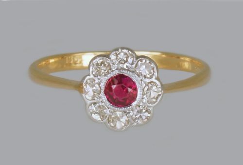 antique ruby diamond 18ct gold daisy ring vintage edwardian 1920s cluster ring - CATEGORY: ANTIQUE JEWELLERY - DATED 1920