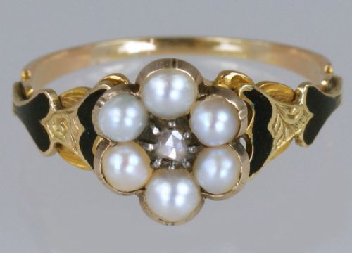 georgian memorial ring diamond pearl black enamel 18ct gold antique ring circa 1830 estate ring - CATEGORY: ANTIQUE JEWELLERY - DATED GEORGIAN