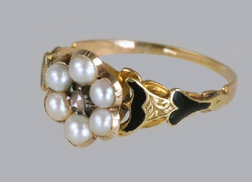 GEORGIAN MEMORIAL RING DIAMOND PEARL BLACK ENAMEL 18CT GOLD ANTIQUE RING CIRCA 1830 ESTATE RING - ADDITIONAL PHOTO 2