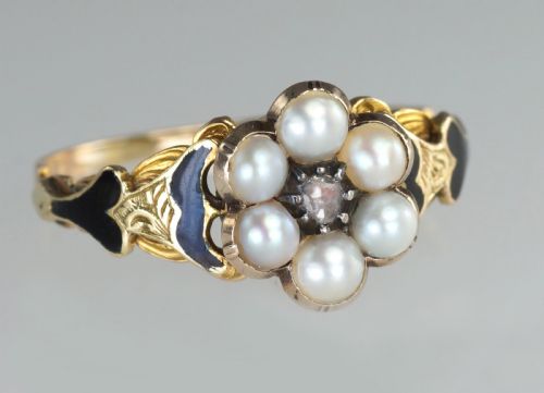 GEORGIAN MEMORIAL RING DIAMOND PEARL BLACK ENAMEL 18CT GOLD ANTIQUE RING CIRCA 1830 ESTATE RING - ADDITIONAL PHOTO 3