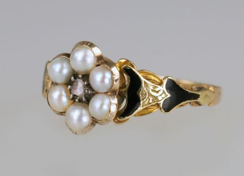 GEORGIAN MEMORIAL RING DIAMOND PEARL BLACK ENAMEL 18CT GOLD ANTIQUE RING CIRCA 1830 ESTATE RING - ADDITIONAL PHOTO 6