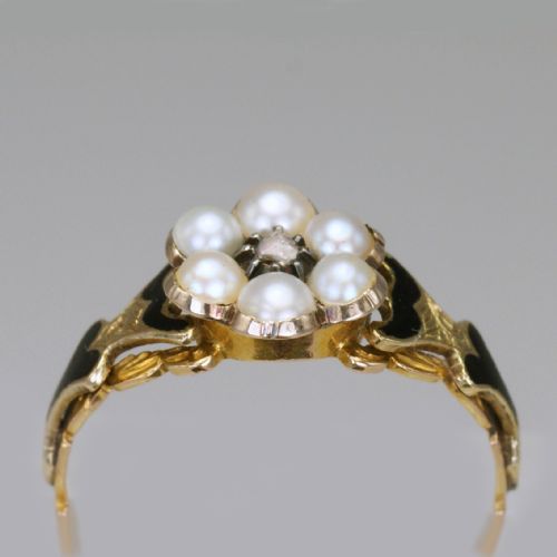 GEORGIAN MEMORIAL RING DIAMOND PEARL BLACK ENAMEL 18CT GOLD ANTIQUE RING CIRCA 1830 ESTATE RING - ADDITIONAL PHOTO 7