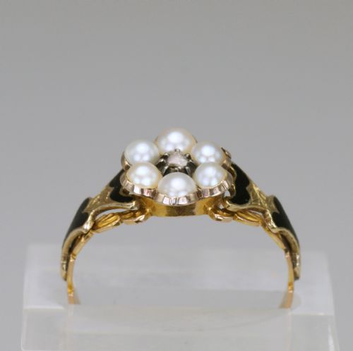 GEORGIAN MEMORIAL RING DIAMOND PEARL BLACK ENAMEL 18CT GOLD ANTIQUE RING CIRCA 1830 ESTATE RING - ADDITIONAL PHOTO 9