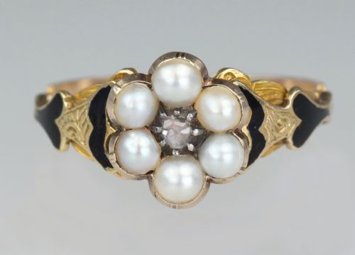 GEORGIAN MEMORIAL RING DIAMOND PEARL BLACK ENAMEL 18CT GOLD ANTIQUE RING CIRCA 1830 ESTATE RING - ADDITIONAL PHOTO 10