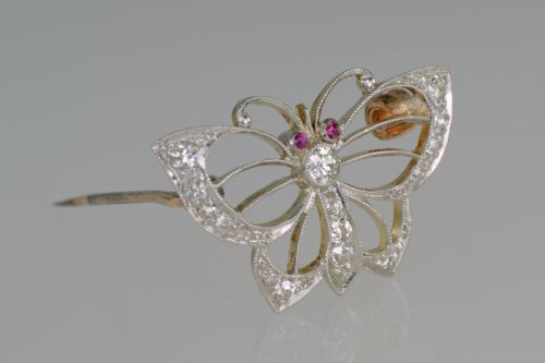 EDWARDIAN PLATINUM OLD CUT DIAMOND RUBY ANTIQUE BUTTERFLY BROOCH CIRCA 1910 - ADDITIONAL PHOTO 4