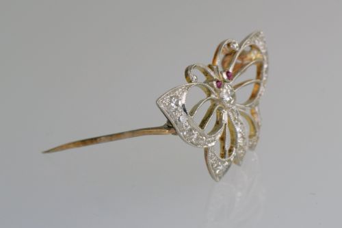 EDWARDIAN PLATINUM OLD CUT DIAMOND RUBY ANTIQUE BUTTERFLY BROOCH CIRCA 1910 - ADDITIONAL PHOTO 5