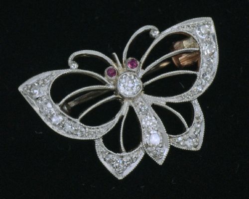edwardian platinum old cut diamond ruby antique butterfly brooch circa 1910 - CATEGORY: ANTIQUE JEWELLERY - DATED 1910