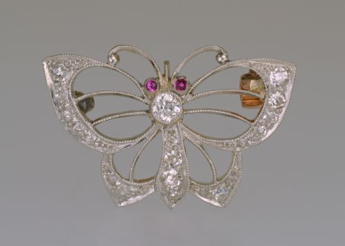 EDWARDIAN PLATINUM OLD CUT DIAMOND RUBY ANTIQUE BUTTERFLY BROOCH CIRCA 1910 - ADDITIONAL PHOTO 1