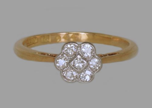 antique 18ct gold old cut diamond daisy cluster ring 1920's art deco edwardian - CATEGORY: ANTIQUE JEWELLERY - DATED 1920