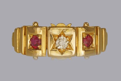 victorian 18ct gold diamond ruby antique etruscan ring hallmarked london 1897 - CATEGORY: ANTIQUE JEWELLERY - DATED 1890