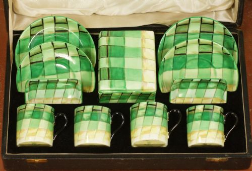 CROWN STAFFORDSHIRE ART DECO COFFEE SET RARE GEOMETRIC PATTERN BOXED PORCELAIN - ADDITIONAL PHOTO 11