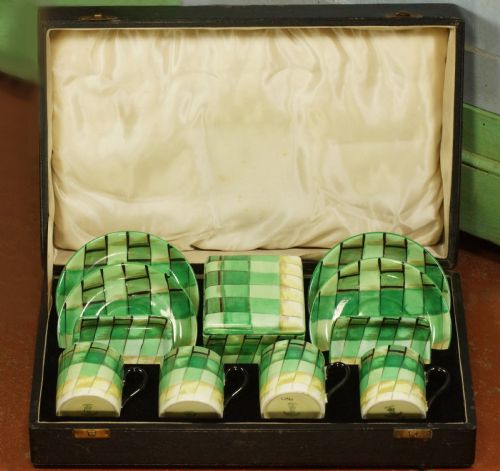 CROWN STAFFORDSHIRE ART DECO COFFEE SET RARE GEOMETRIC PATTERN BOXED PORCELAIN - ADDITIONAL PHOTO 15