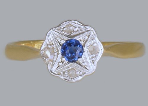 antique 18ct gold plat sapphire diamond edwardian daisy cluster ring ca1910 - CATEGORY: ANTIQUE JEWELLERY - DATED 1910