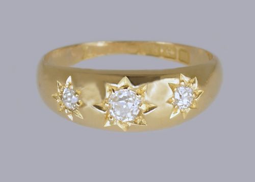 antique 18ct gold old european cut diamond gypsy trilogy ring hallmarked 1911 - CATEGORY: ANTIQUE JEWELLERY - DATED 1910