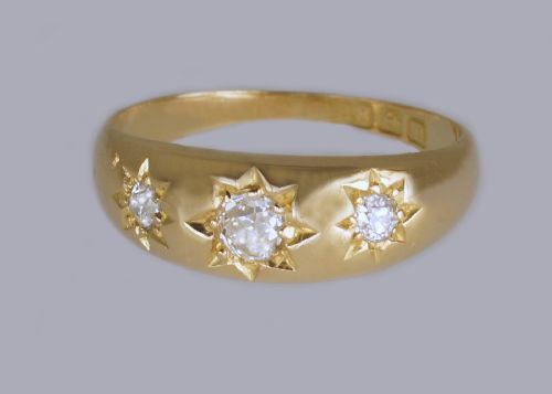 ANTIQUE 18CT GOLD OLD EUROPEAN CUT DIAMOND GYPSY TRILOGY RING HALLMARKED 1911 - ADDITIONAL PHOTO 3