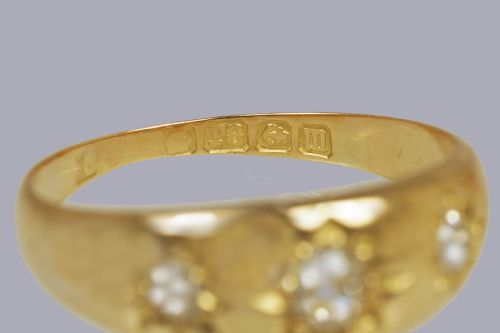 ANTIQUE 18CT GOLD OLD EUROPEAN CUT DIAMOND GYPSY TRILOGY RING HALLMARKED 1911 - ADDITIONAL PHOTO 7