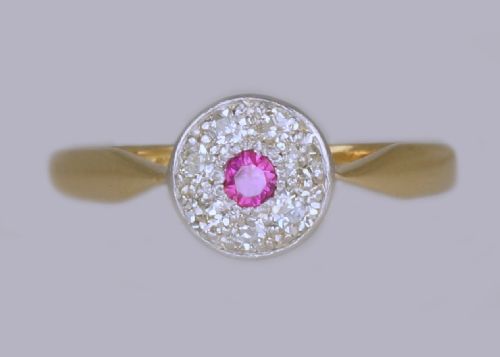 art deco ruby diamond cluster ring vintage 18ct gold 1920's antique daisy ring - CATEGORY: ANTIQUE JEWELLERY - DATED 1920