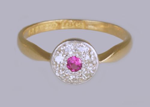 ART DECO RUBY DIAMOND CLUSTER RING VINTAGE 18CT GOLD 1920'S ANTIQUE DAISY RING - ADDITIONAL PHOTO 3