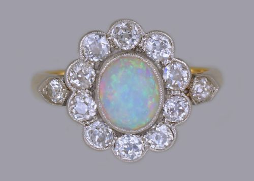 antique opal 15ct old cut diamond 18ct gold plat edwardian cluster ring circa 1910 - CATEGORY: ANTIQUE JEWELLERY - DATED EDWARDIAN