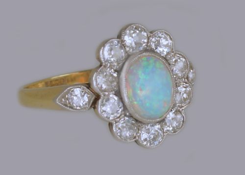 ANTIQUE OPAL 15CT OLD CUT DIAMOND 18CT GOLD PLAT EDWARDIAN CLUSTER RING CIRCA 1910 - ADDITIONAL PHOTO 3