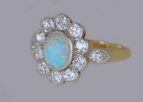 ANTIQUE OPAL 15CT OLD CUT DIAMOND 18CT GOLD PLAT EDWARDIAN CLUSTER RING CIRCA 1910 - ADDITIONAL PHOTO 6
