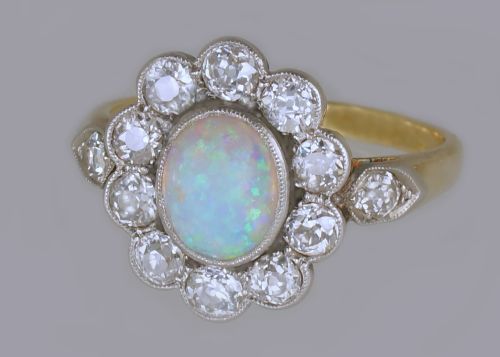 ANTIQUE OPAL 15CT OLD CUT DIAMOND 18CT GOLD PLAT EDWARDIAN CLUSTER RING CIRCA 1910 - ADDITIONAL PHOTO 7