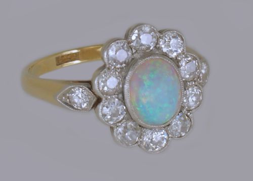 ANTIQUE OPAL 15CT OLD CUT DIAMOND 18CT GOLD PLAT EDWARDIAN CLUSTER RING CIRCA 1910 - ADDITIONAL PHOTO 8
