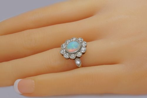 ANTIQUE OPAL 15CT OLD CUT DIAMOND 18CT GOLD PLAT EDWARDIAN CLUSTER RING CIRCA 1910 - ADDITIONAL PHOTO 11