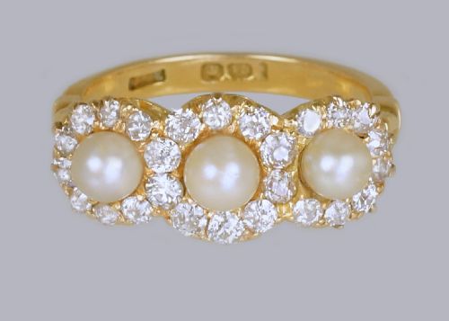 antique pearl old cut diamond 18ct gold edwardanart deco triple cluster ring - CATEGORY: ANTIQUE JEWELLERY - DATED 1920
