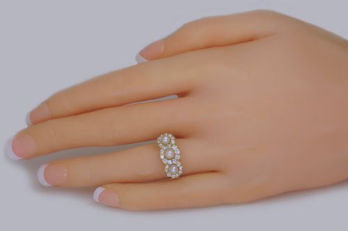 ANTIQUE PEARL OLD CUT DIAMOND 18CT GOLD EDWARDANART DECO TRIPLE CLUSTER RING - ADDITIONAL PHOTO 1