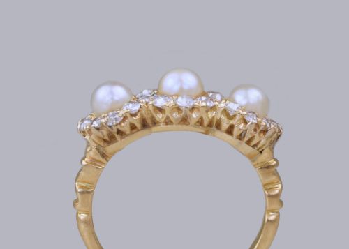 ANTIQUE PEARL OLD CUT DIAMOND 18CT GOLD EDWARDANART DECO TRIPLE CLUSTER RING - ADDITIONAL PHOTO 2