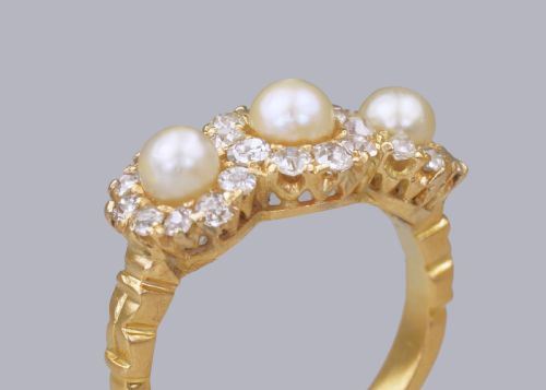 ANTIQUE PEARL OLD CUT DIAMOND 18CT GOLD EDWARDANART DECO TRIPLE CLUSTER RING - ADDITIONAL PHOTO 3